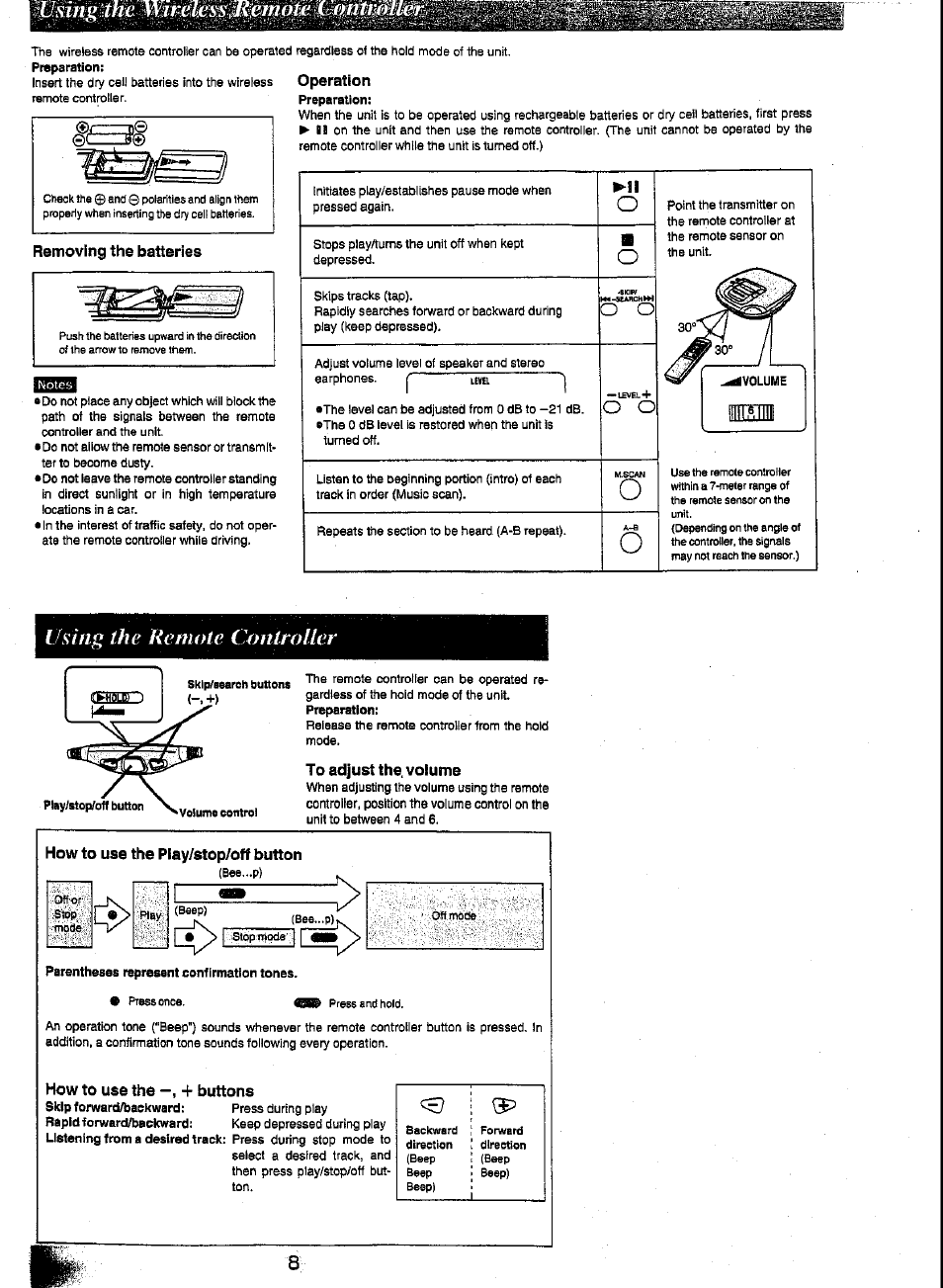Removing the batteries, Operation, To adjust the. volume | How to use the piay/stop/off button, Parentheses represent confirmation tones, How to use the + buttons, Using the remote controller | Panasonic SL-XP600 User Manual | Page 8 / 11