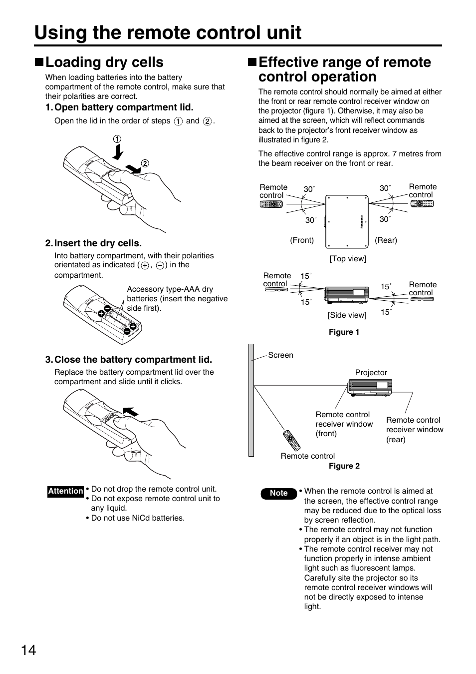 Using the remote control unit, Loading dry cells, Effective range of remote control operation | Panasonic DLP PT-D5600E User Manual | Page 14 / 60