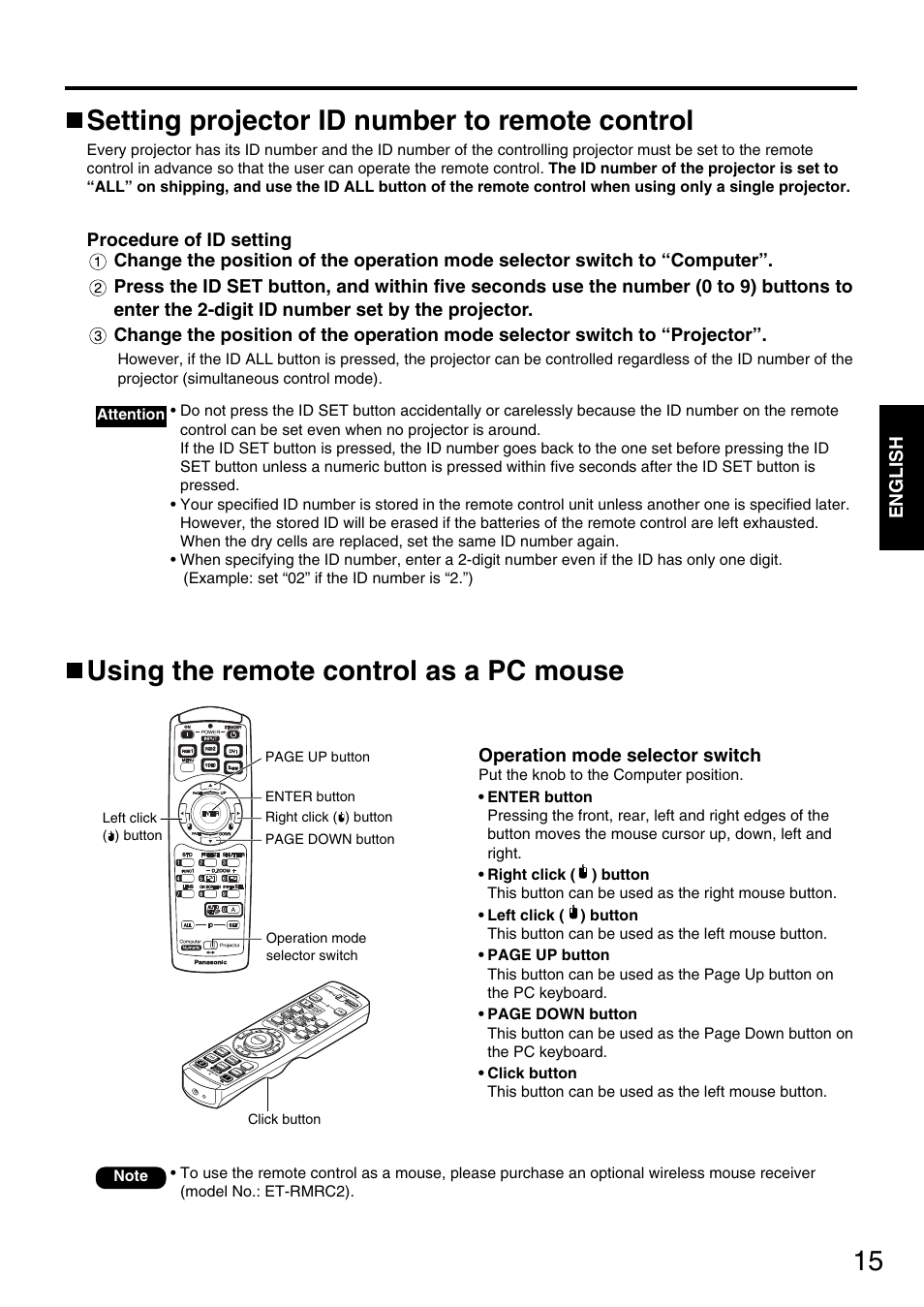 Using the remote control as a pc mouse, Setting projector id number to remote control | Panasonic DLP PT-D5600E User Manual | Page 15 / 60