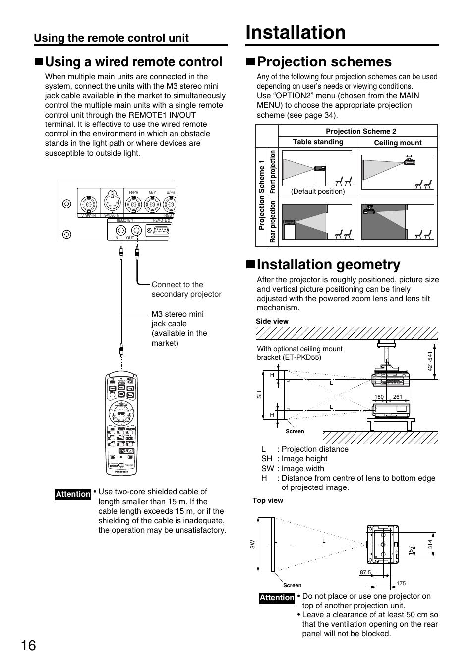 Installation, 16 using a wired remote control, Projection schemes | Installation geometry, Using the remote control unit | Panasonic DLP PT-D5600E User Manual | Page 16 / 60