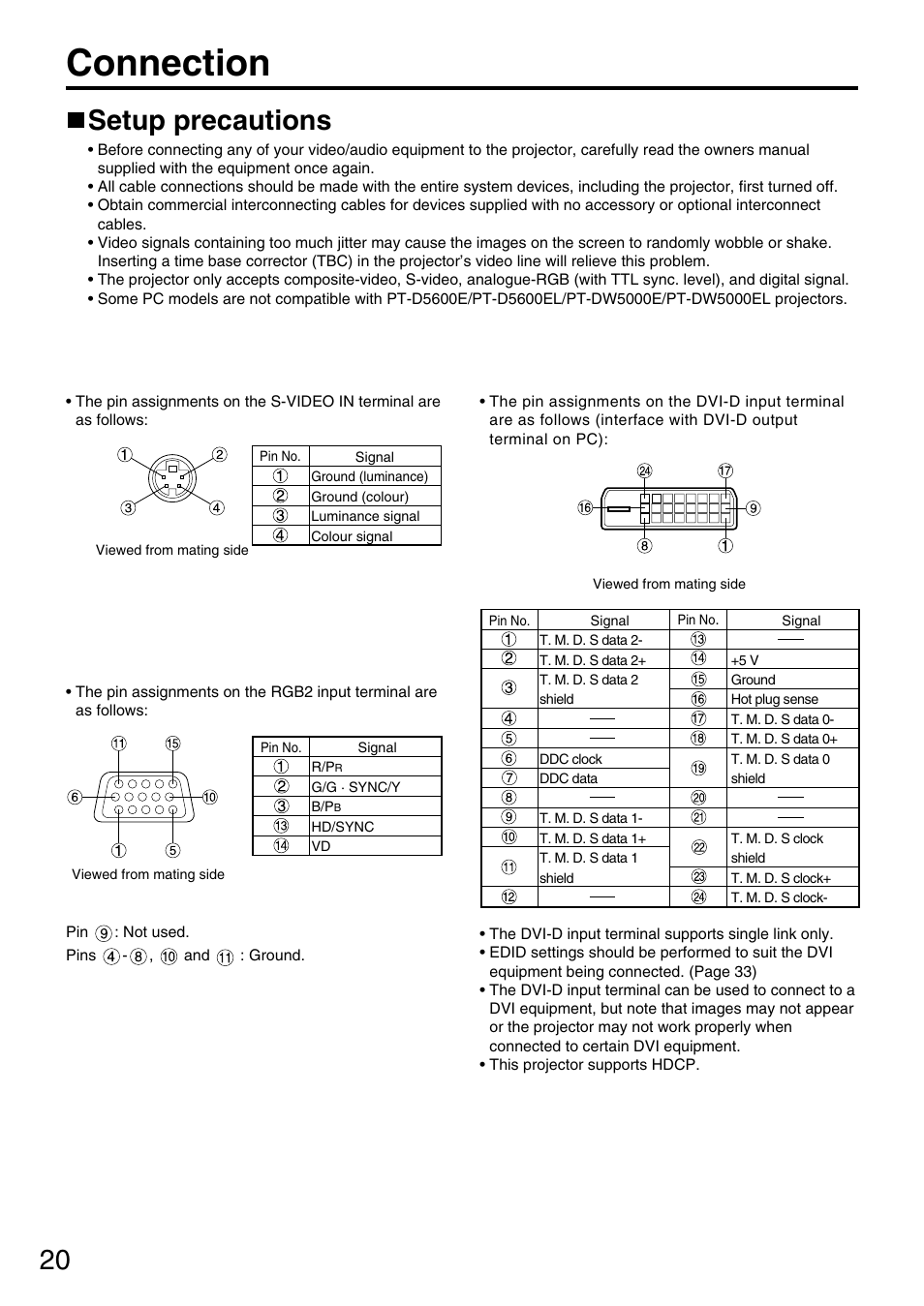 Connection, Setup precautions | Panasonic DLP PT-D5600E User Manual | Page 20 / 60