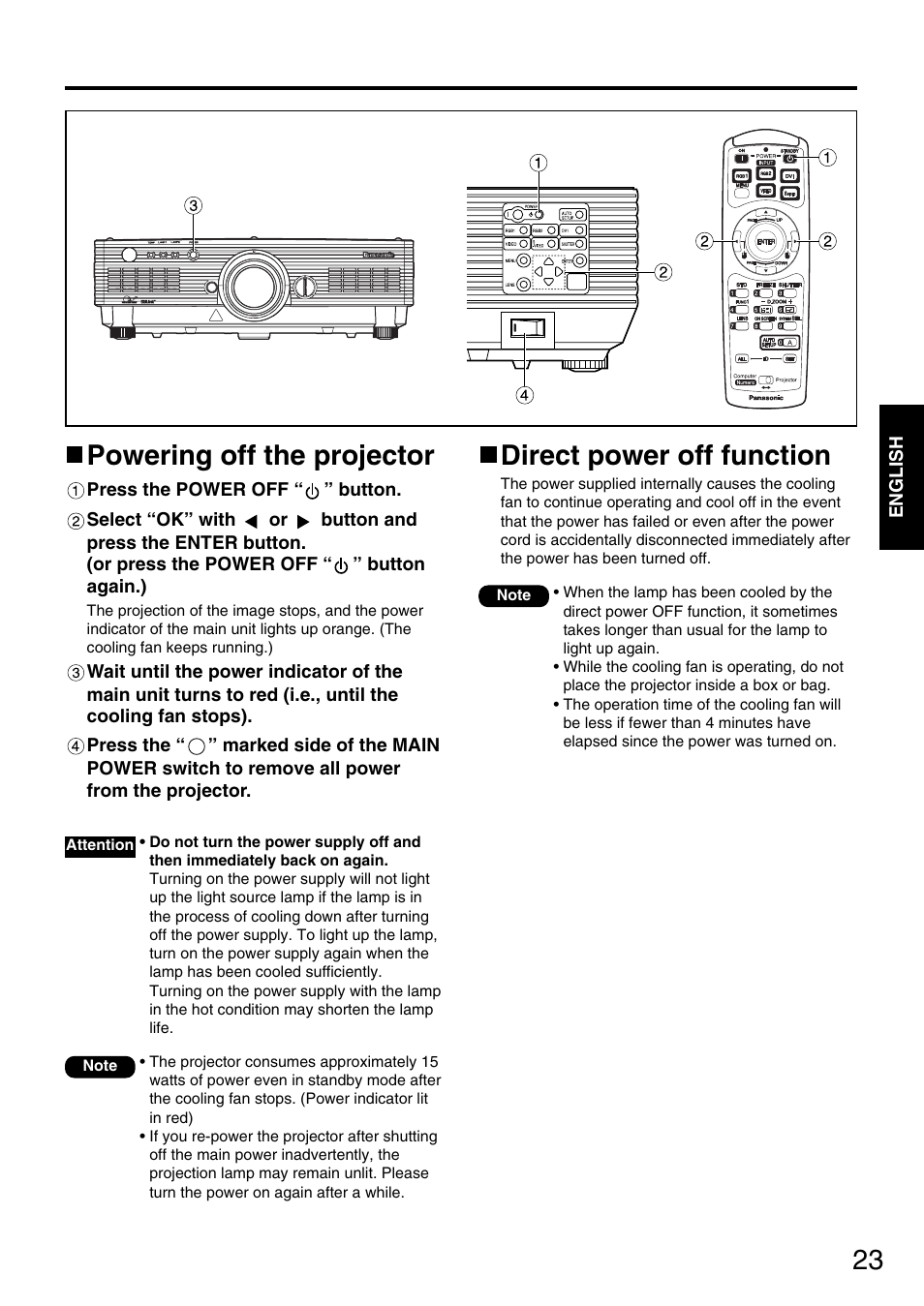 Powering off the projector, Direct power off function | Panasonic DLP PT-D5600E User Manual | Page 23 / 60
