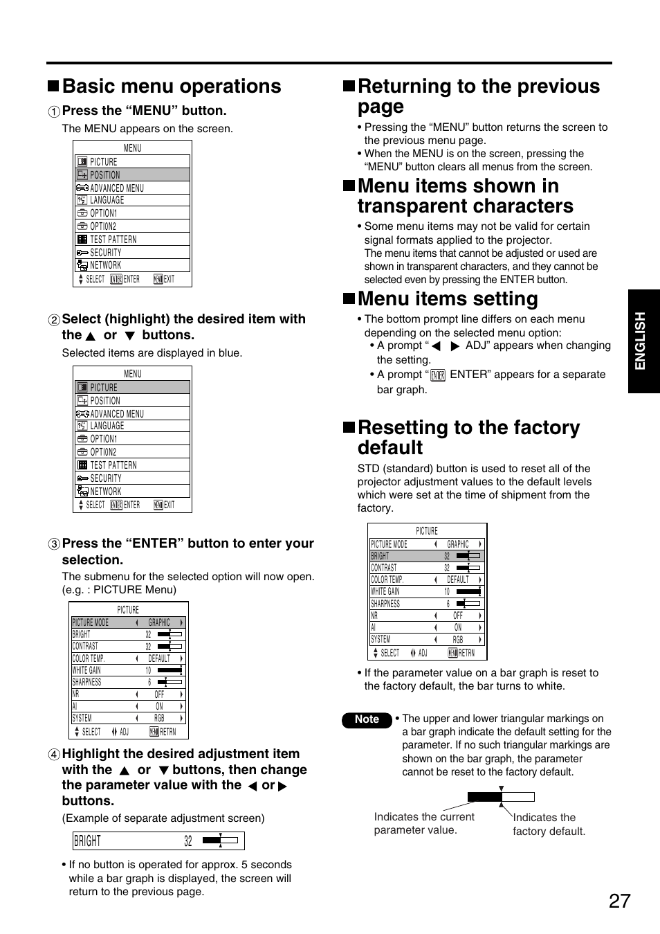 Basic menu operations, Returning to the previous page, Menu items shown in transparent characters | Menu items setting, Resetting to the factory default, Bright 32 | Panasonic DLP PT-D5600E User Manual | Page 27 / 60