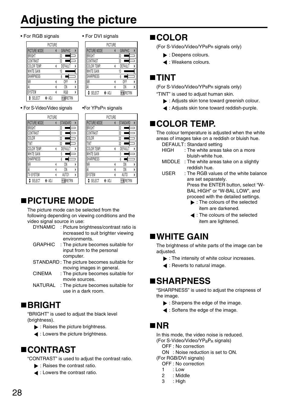 Adjusting the picture, Picture mode, Bright | Contrast, Color, Tint, Color temp, White gain, Sharpness | Panasonic DLP PT-D5600E User Manual | Page 28 / 60