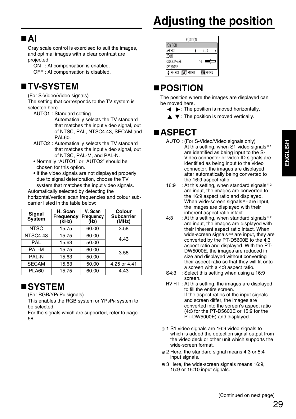 Adjusting the position, Position, Aspect | Tv-system, System | Panasonic DLP PT-D5600E User Manual | Page 29 / 60