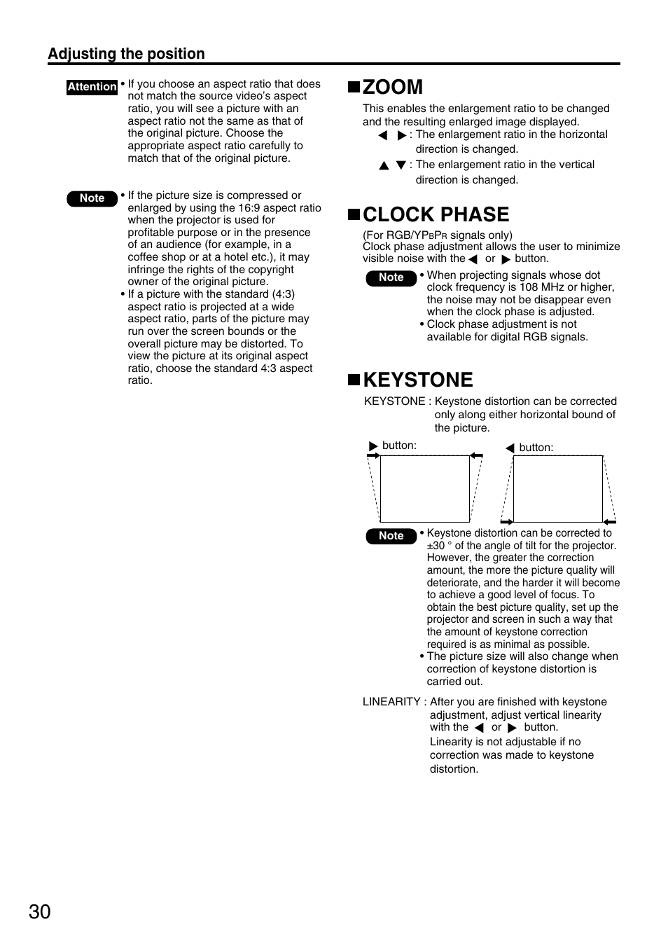 Keystone, Zoom, Clock phase | Adjusting the position | Panasonic DLP PT-D5600E User Manual | Page 30 / 60