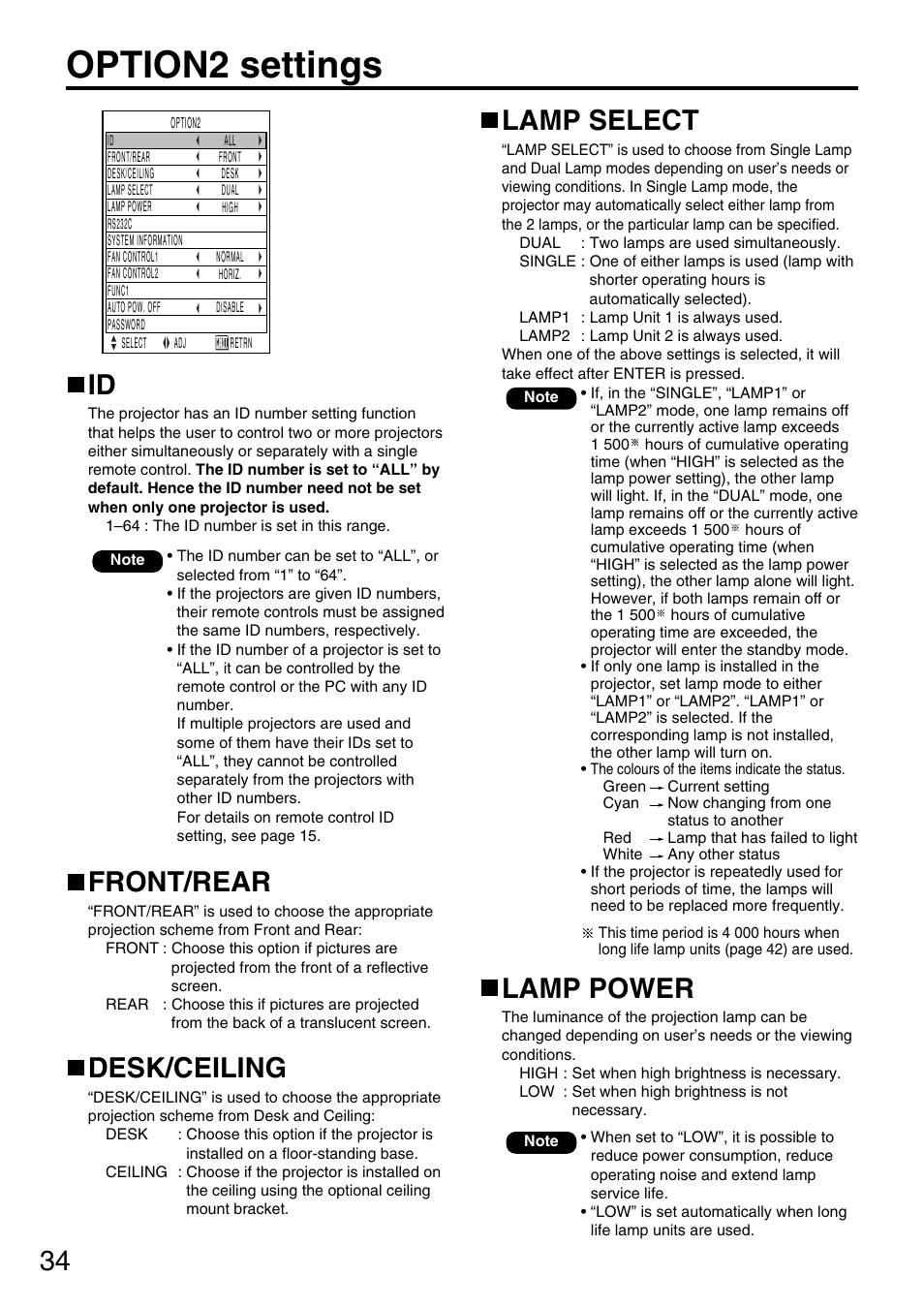 Option2 settings, Front/rear, Desk/ceiling | Lamp select, Lamp power | Panasonic DLP PT-D5600E User Manual | Page 34 / 60