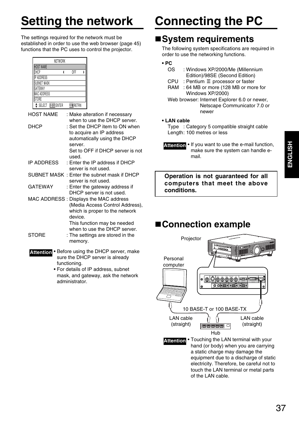 Setting the network, Connecting the pc, System requirements | Connection example, English | Panasonic DLP PT-D5600E User Manual | Page 37 / 60