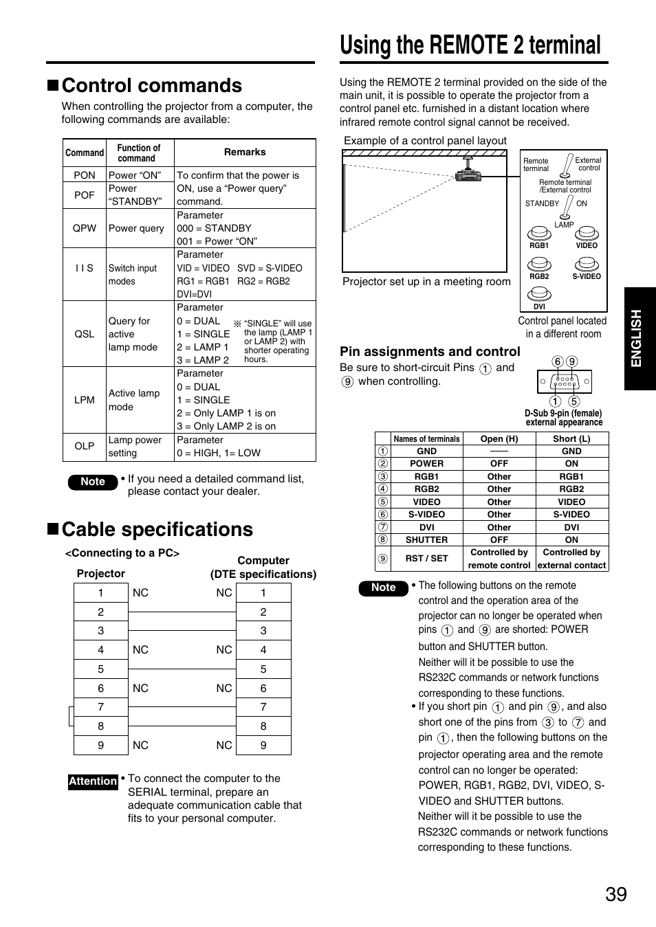 Using the remote 2 terminal, Cable specifications control commands, English | Pin assignments and control | Panasonic DLP PT-D5600E User Manual | Page 39 / 60