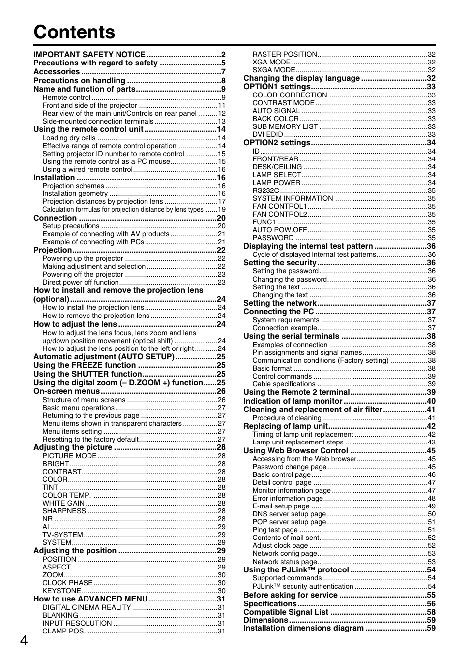 Panasonic DLP PT-D5600E User Manual | Page 4 / 60