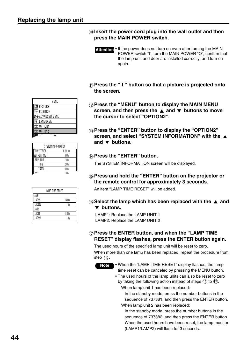 Replacing the lamp unit | Panasonic DLP PT-D5600E User Manual | Page 44 / 60