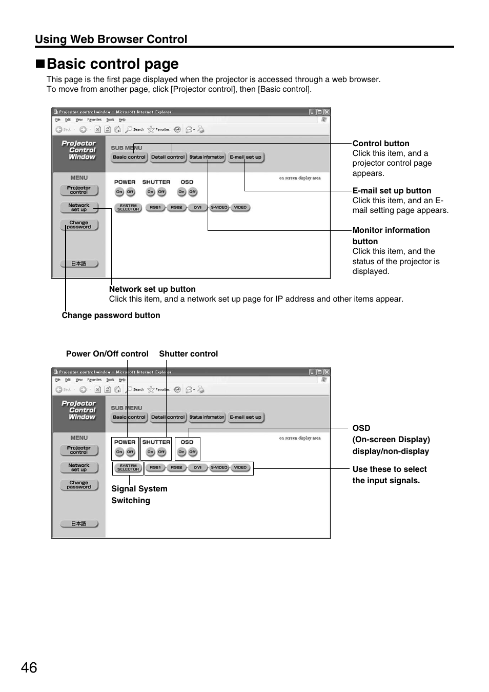 Basic control page, Using web browser control | Panasonic DLP PT-D5600E User Manual | Page 46 / 60