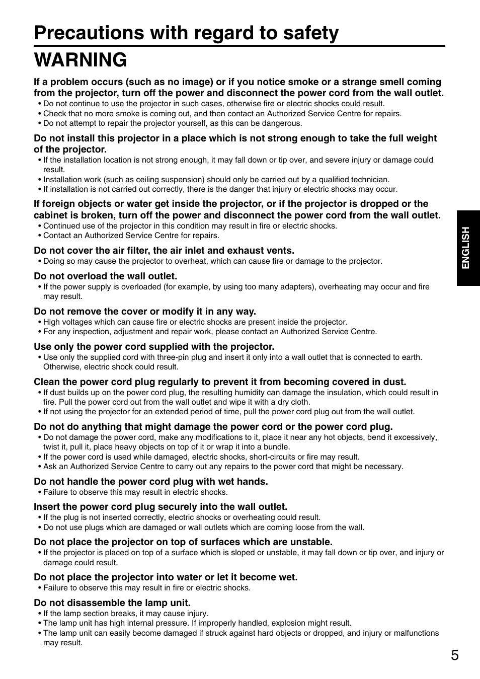 Precautions with regard to safety warning | Panasonic DLP PT-D5600E User Manual | Page 5 / 60