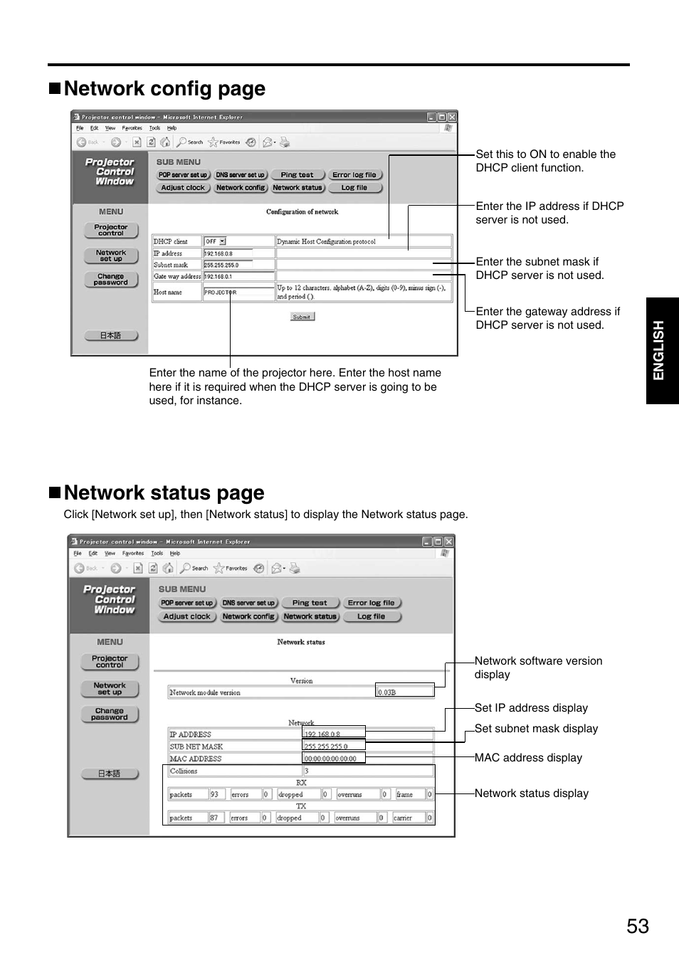 Network config page, Network status page | Panasonic DLP PT-D5600E User Manual | Page 53 / 60