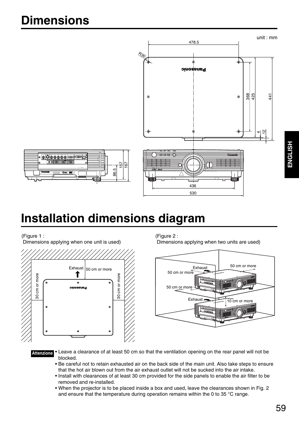 Dimensions, Installation dimensions diagram, English | Unit : mm | Panasonic DLP PT-D5600E User Manual | Page 59 / 60