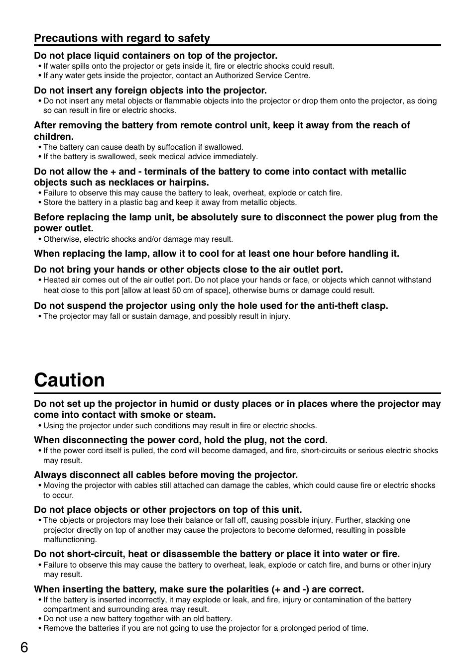 Caution, Precautions with regard to safety | Panasonic DLP PT-D5600E User Manual | Page 6 / 60