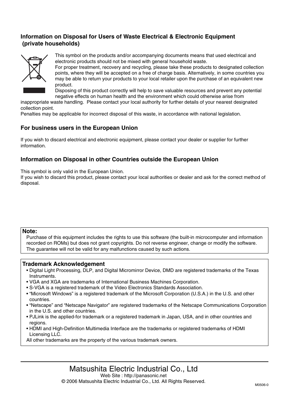 Matsushita electric industrial co., ltd | Panasonic DLP PT-D5600E User Manual | Page 60 / 60