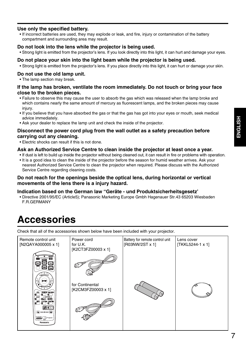 Accessories | Panasonic DLP PT-D5600E User Manual | Page 7 / 60