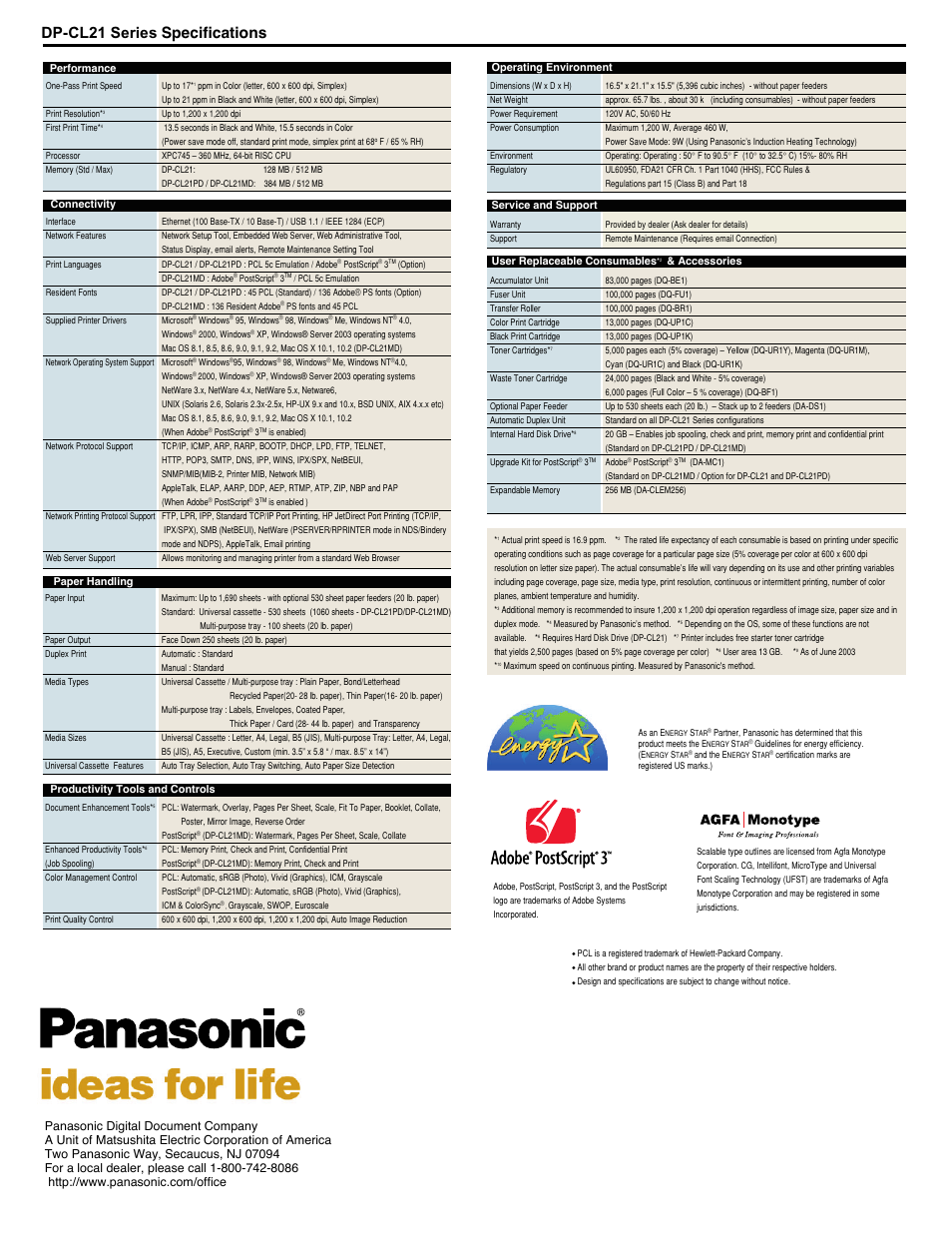 Dp-cl21 series specifications | Panasonic DP-CL21 User Manual | Page 2 / 2