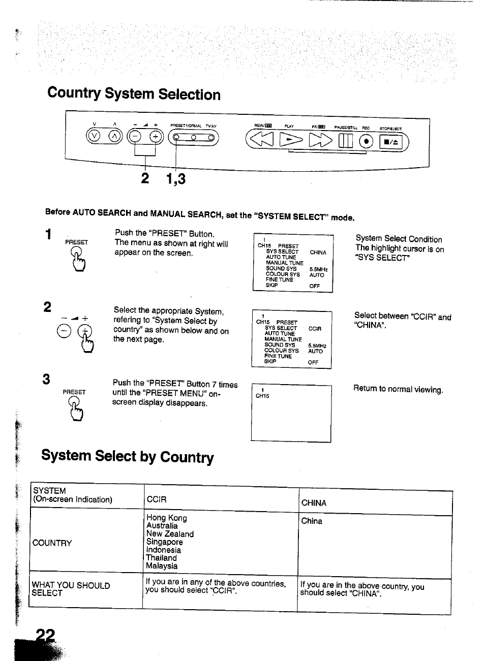 System select by country, Country system selection | Panasonic TC-W21 User Manual | Page 22 / 80