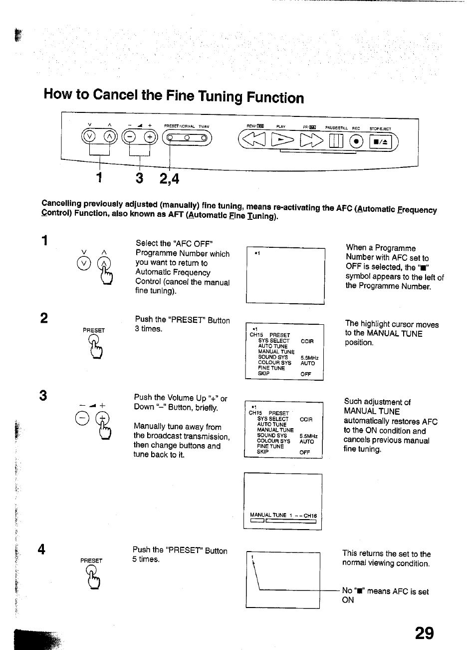 How to cancel the fine tuning function, Select the “afc off | Panasonic TC-W21 User Manual | Page 29 / 80