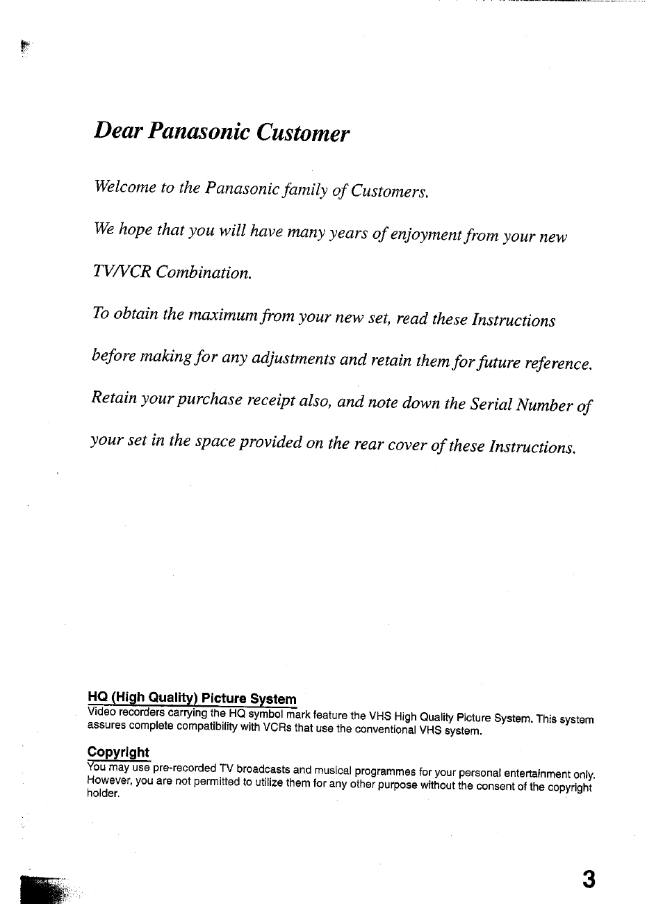 Dear panasonic customer | Panasonic TC-W21 User Manual | Page 3 / 80