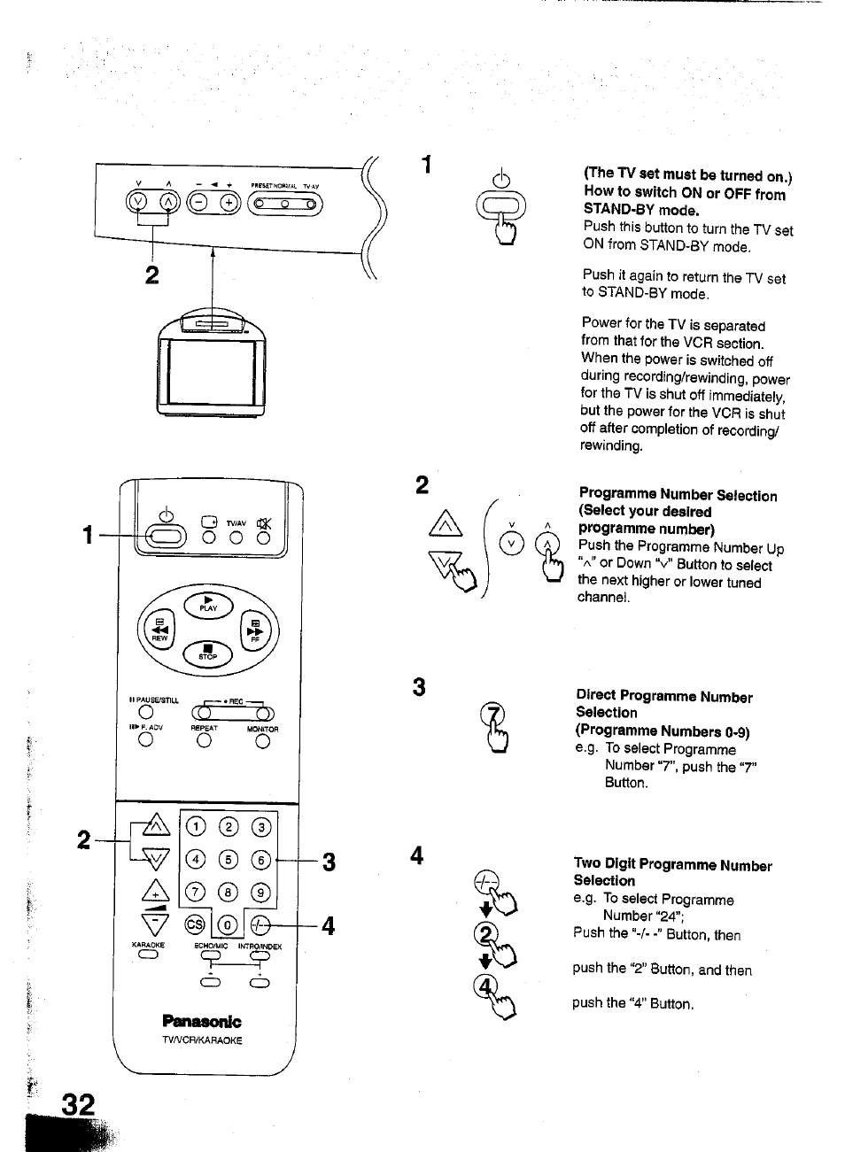 Direct programme number selection, Two digit programme number selection | Panasonic TC-W21 User Manual | Page 32 / 80