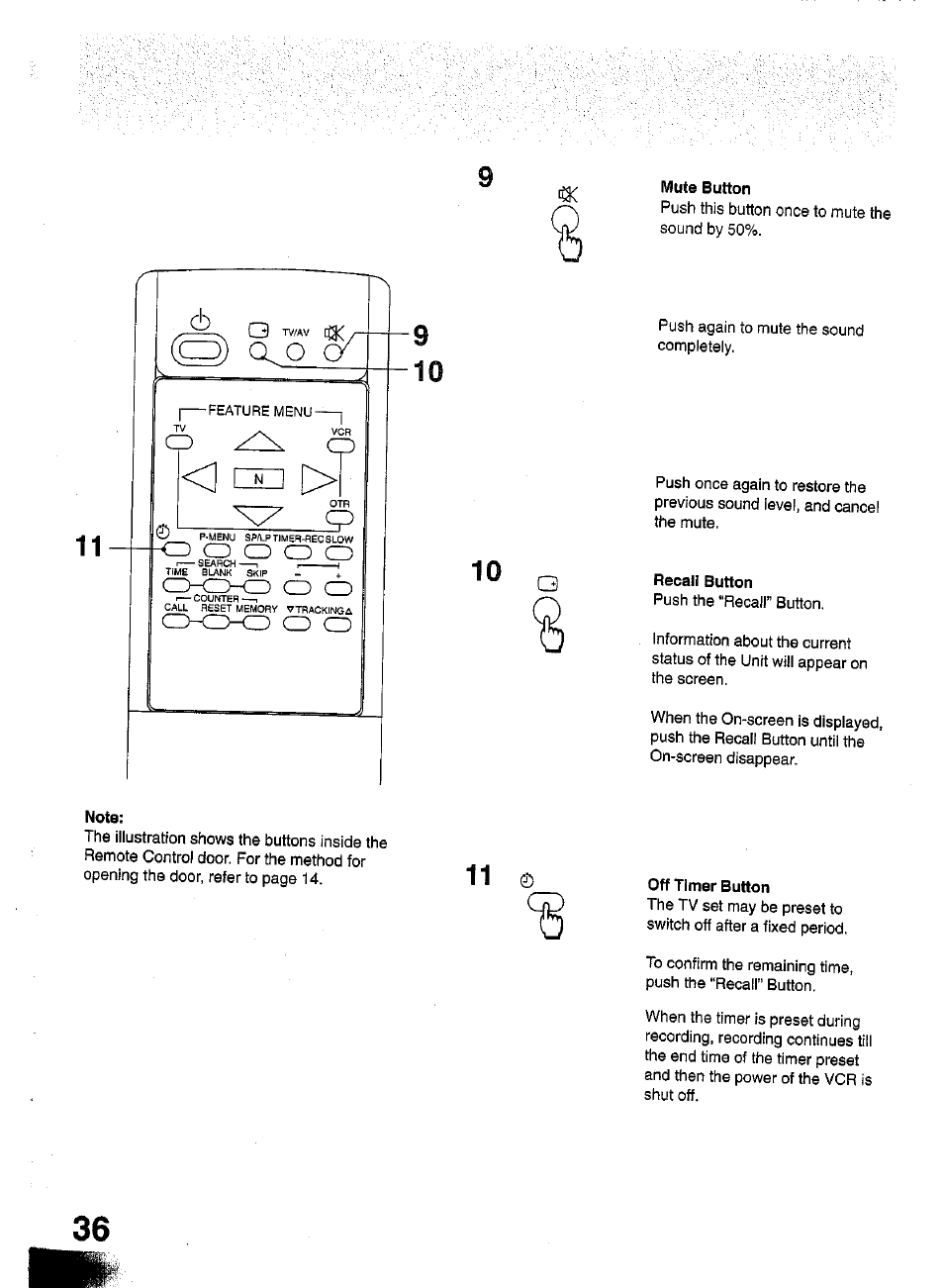 Mute button, Recall button, Note | Off timer button, 11 ffl | Panasonic TC-W21 User Manual | Page 36 / 80