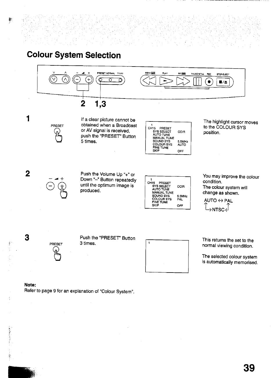 Note, Colour system selection | Panasonic TC-W21 User Manual | Page 39 / 80