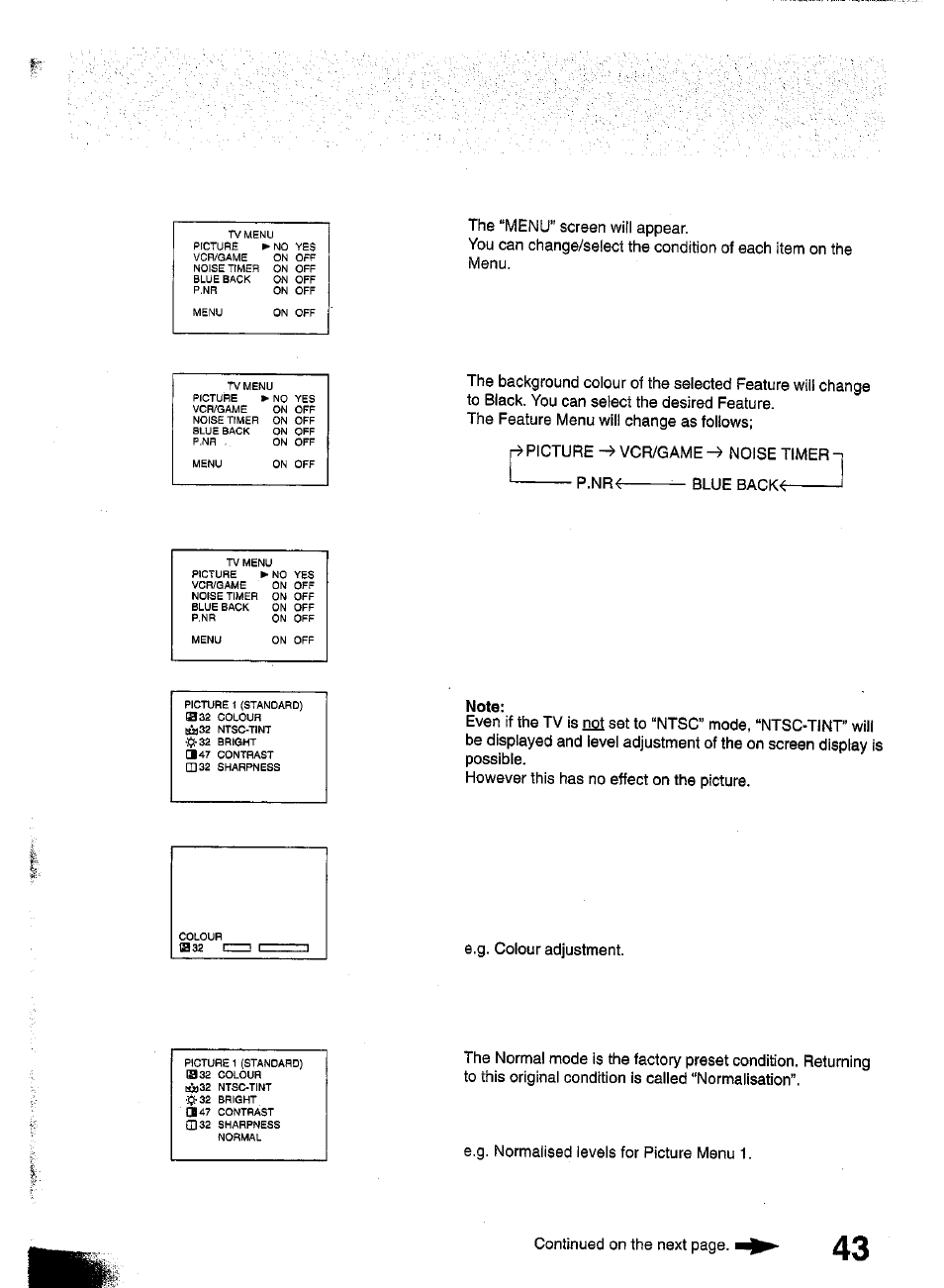 Note, J-^picture ^ vcr/game noise timer p.nr, Blue back | E.g. colour adjustment | Panasonic TC-W21 User Manual | Page 43 / 80