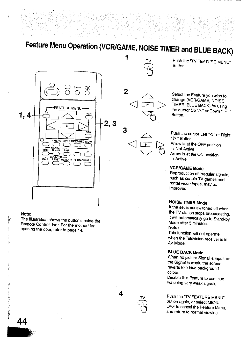 1 ck3, Note, Vcr/game mode | Noise timer mode, Blue back mode | Panasonic TC-W21 User Manual | Page 44 / 80