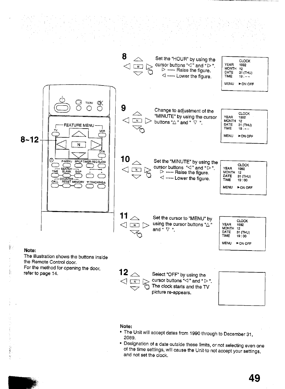 Note, Raise the figure, Lower the figure | Mseiect “off” by using the cursor buttons "o ” and, The ciock starts and the tv picture re-appears | Panasonic TC-W21 User Manual | Page 49 / 80