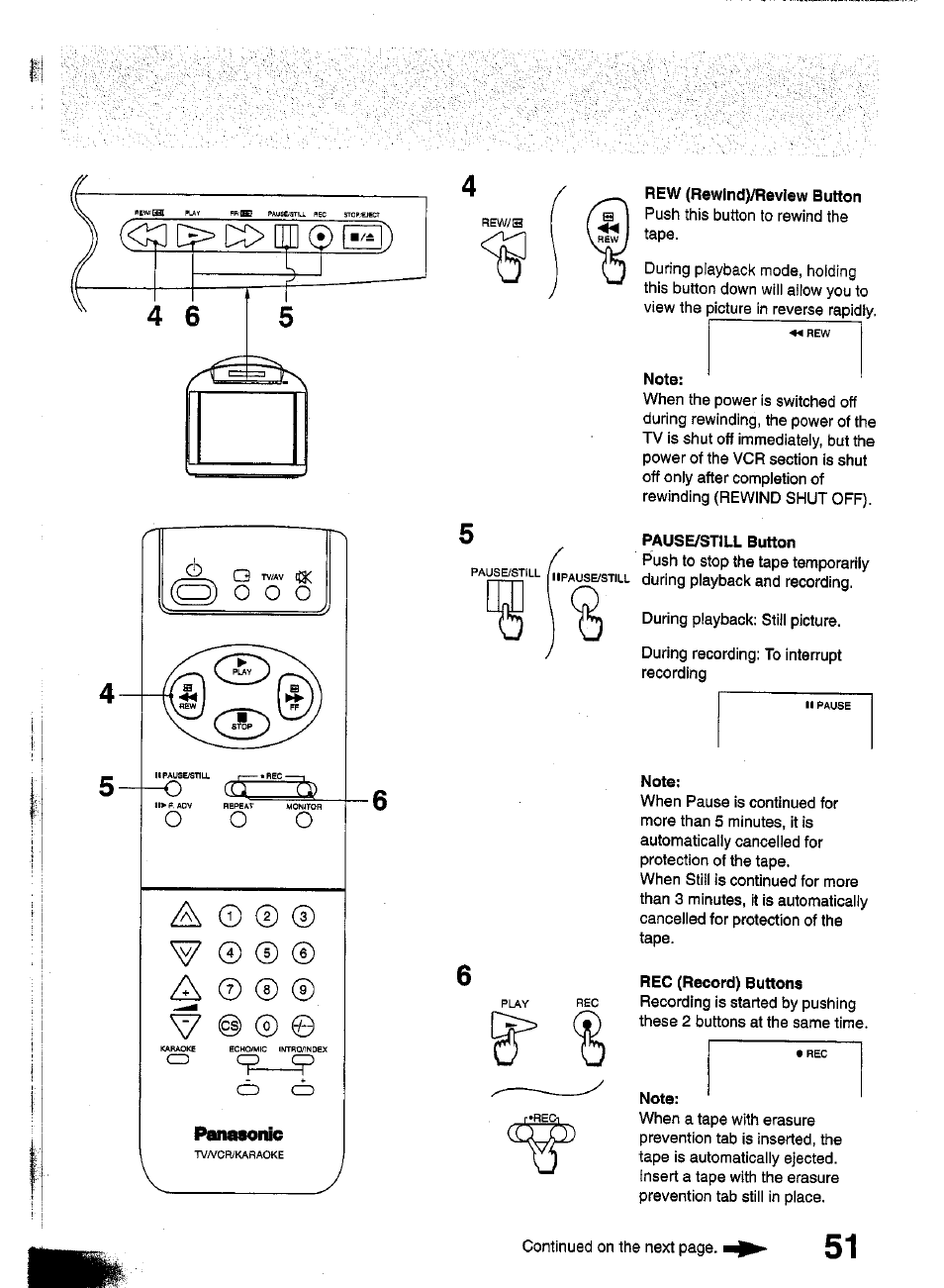 Rew (rewlnd)/revlew button, Note, Pause/stitl button | Rec (record) buttons | Panasonic TC-W21 User Manual | Page 51 / 80