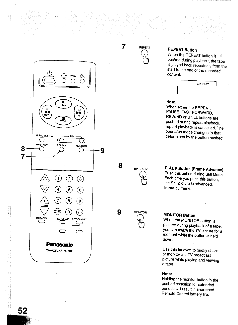 Repeat button, Note, F. adv button (frame advance) | Monitor button, F. adv (frame advance), Q) o o o, О dez32) | Panasonic TC-W21 User Manual | Page 52 / 80