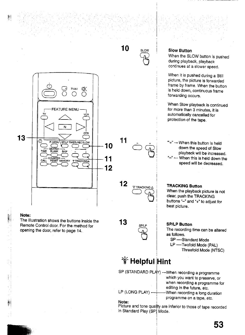 3 ra, Note, Slow button | Tracking button, Sp/lp button, Helpful, Hint, Q o o o, Helpful hint | Panasonic TC-W21 User Manual | Page 53 / 80