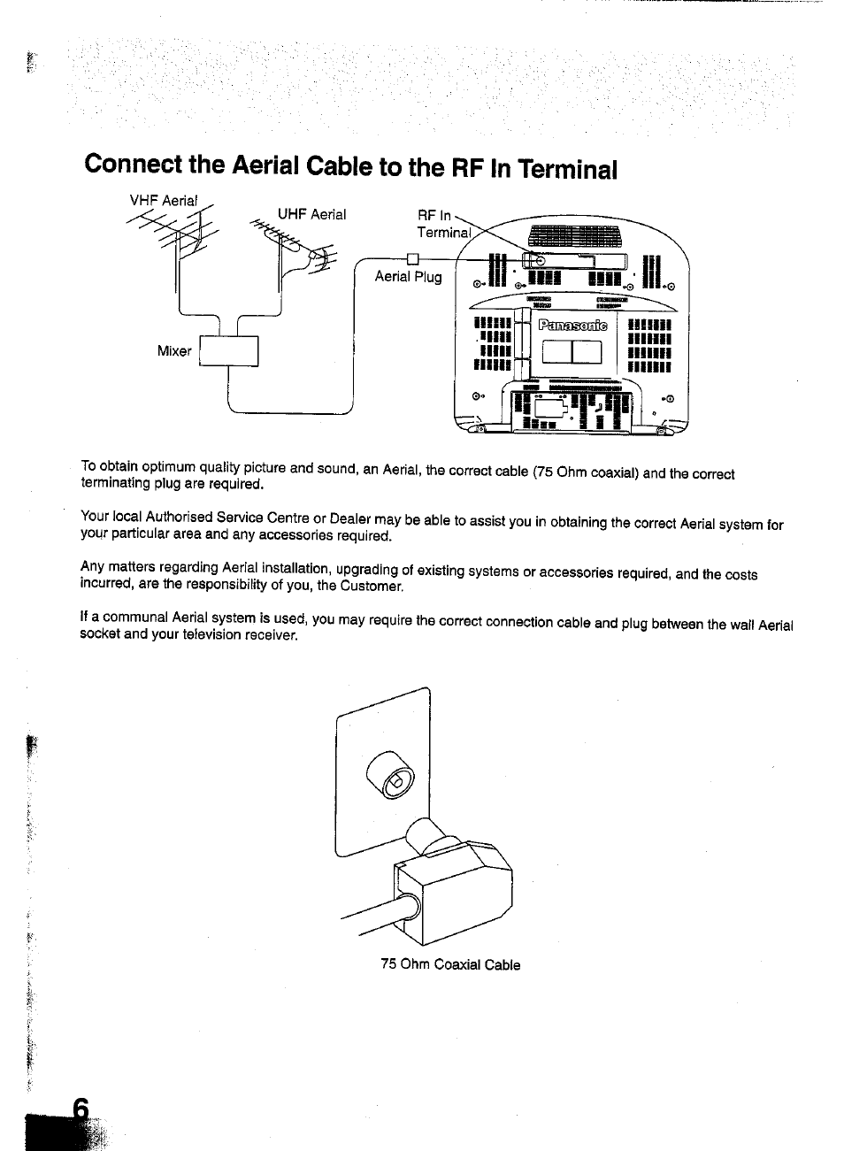 Connect the aerial cable to the rf in terminal, Connect the aeriai cable to the rf in terminal | Panasonic TC-W21 User Manual | Page 6 / 80