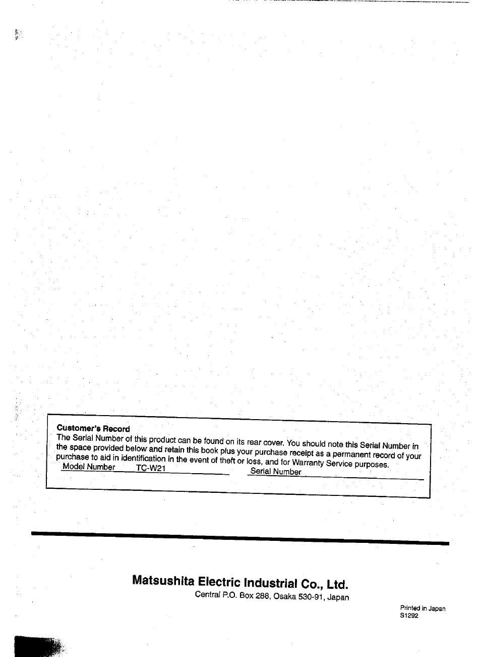 Customer’s record, Matsushita electric industrial co., ltd | Panasonic TC-W21 User Manual | Page 80 / 80