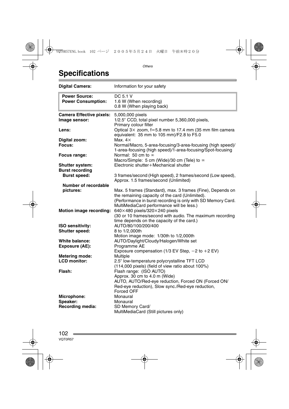 Specifications | Panasonic DMC-FX8GN User Manual | Page 102 / 104