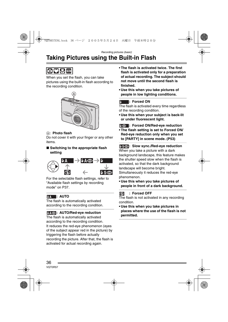 Taking pictures using the built-in flash | Panasonic DMC-FX8GN User Manual | Page 36 / 104
