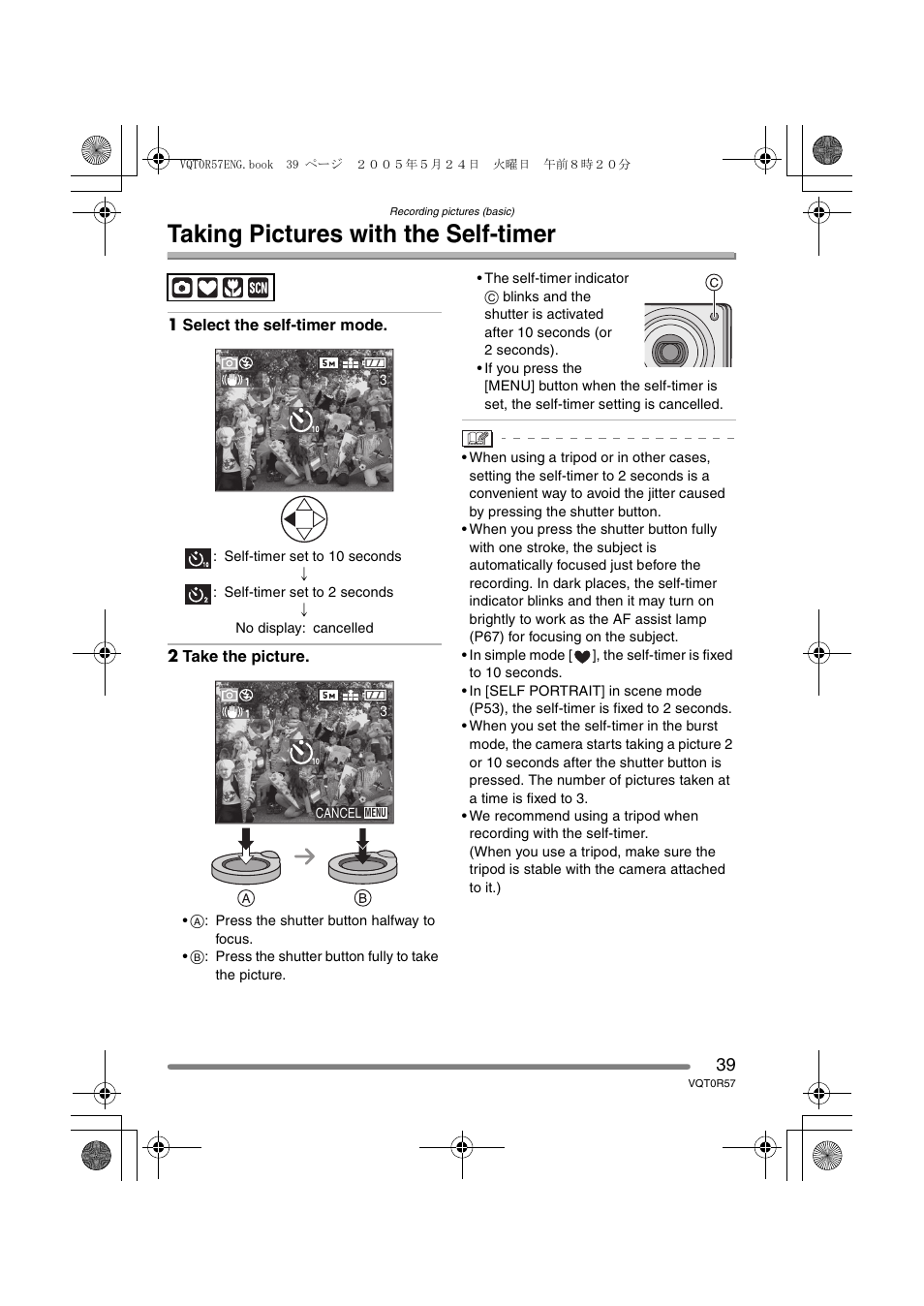 Taking pictures with the self-timer | Panasonic DMC-FX8GN User Manual | Page 39 / 104