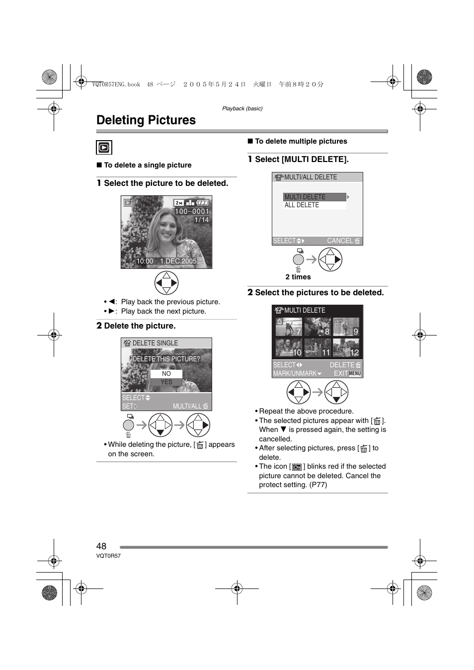 Deleting pictures | Panasonic DMC-FX8GN User Manual | Page 48 / 104
