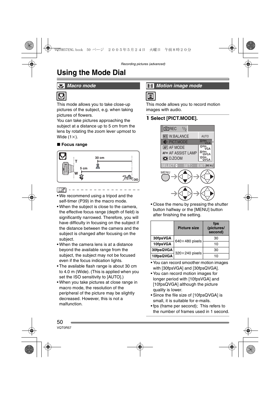 Using the mode dial, Macro mode, Motion image mode | Panasonic DMC-FX8GN User Manual | Page 50 / 104