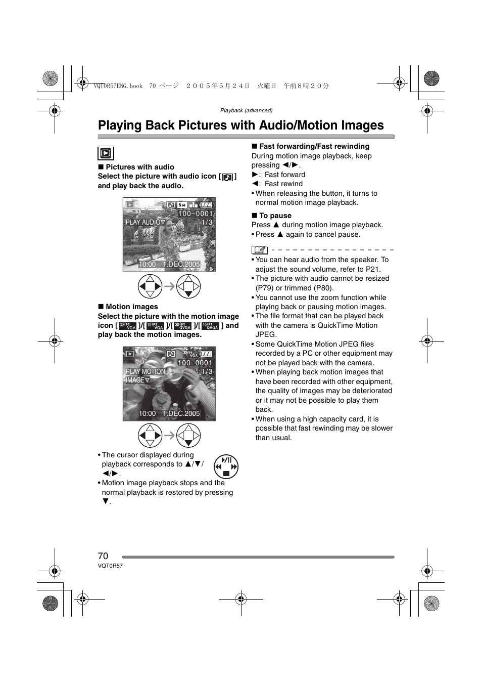 Playing back pictures with audio/motion images | Panasonic DMC-FX8GN User Manual | Page 70 / 104
