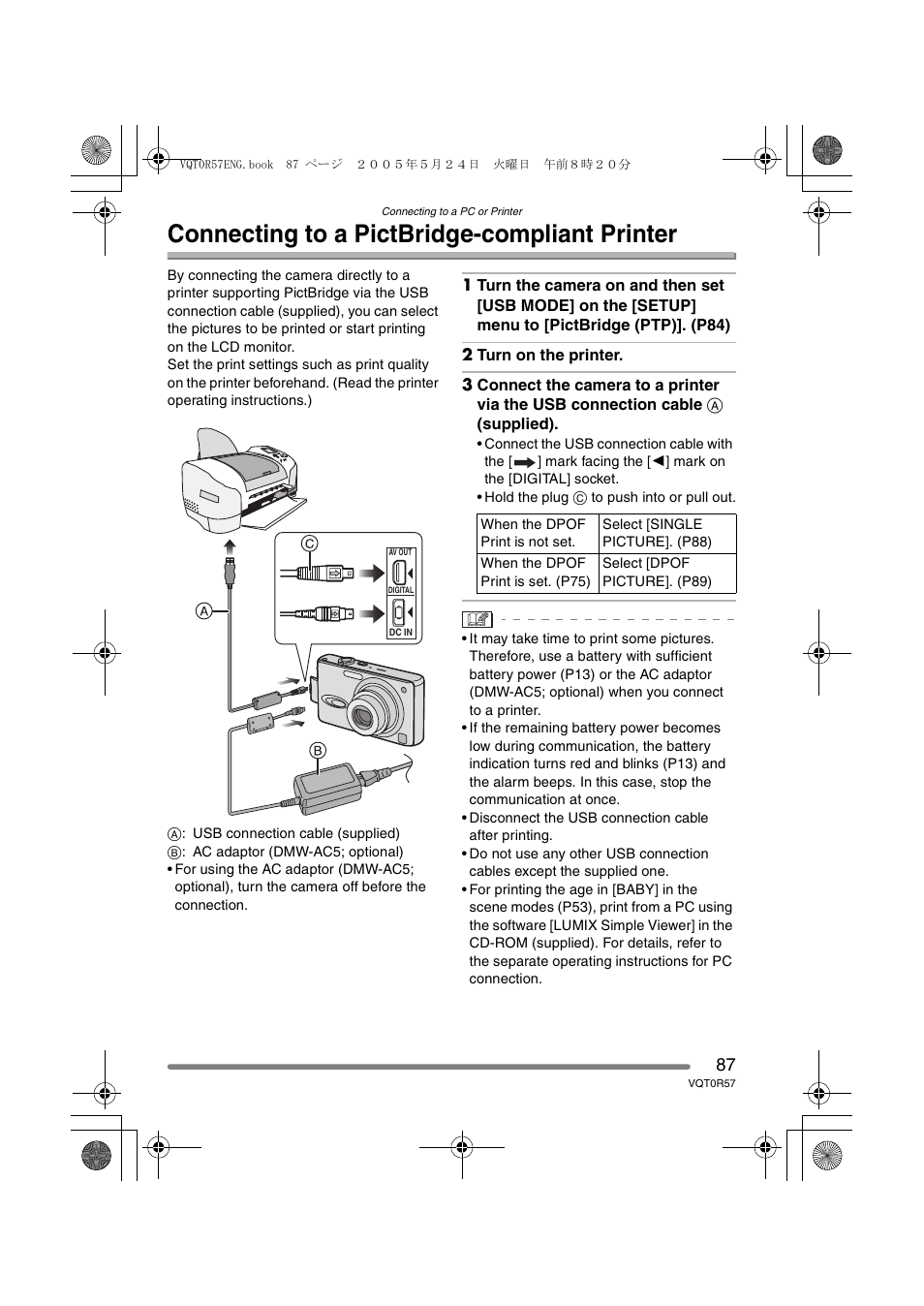 Connecting to a pictbridge-compliant printer | Panasonic DMC-FX8GN User Manual | Page 87 / 104