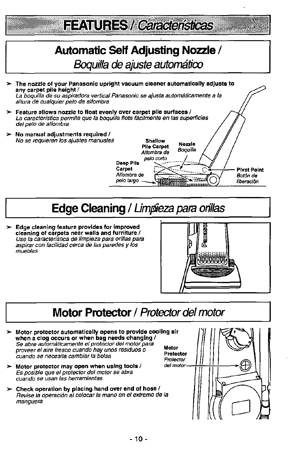 Automatic self adjusting nosle, Boquilla de ajuste aiikxrético, Edge cleaning / lim^eza para orillas | Motor protector / protector del motor, Edge cleaning, Limpieza para orillas, Motor, Lim^eza para orillas, Protector / protector del motor | Panasonic MC-V7389 User Manual | Page 10 / 24