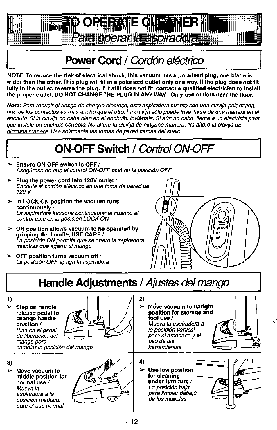 Power cord / (dordón eléctnœ, On-off switch / conimi on-off, Handle adjustments / /fustes del mango | Handle adjustments / ayusfes de/manpo, Power cord, On-off switch, Handle adjustments, Dordón eléctnœ, Conimi on-off, Fustes del mango | Panasonic MC-V7389 User Manual | Page 12 / 24