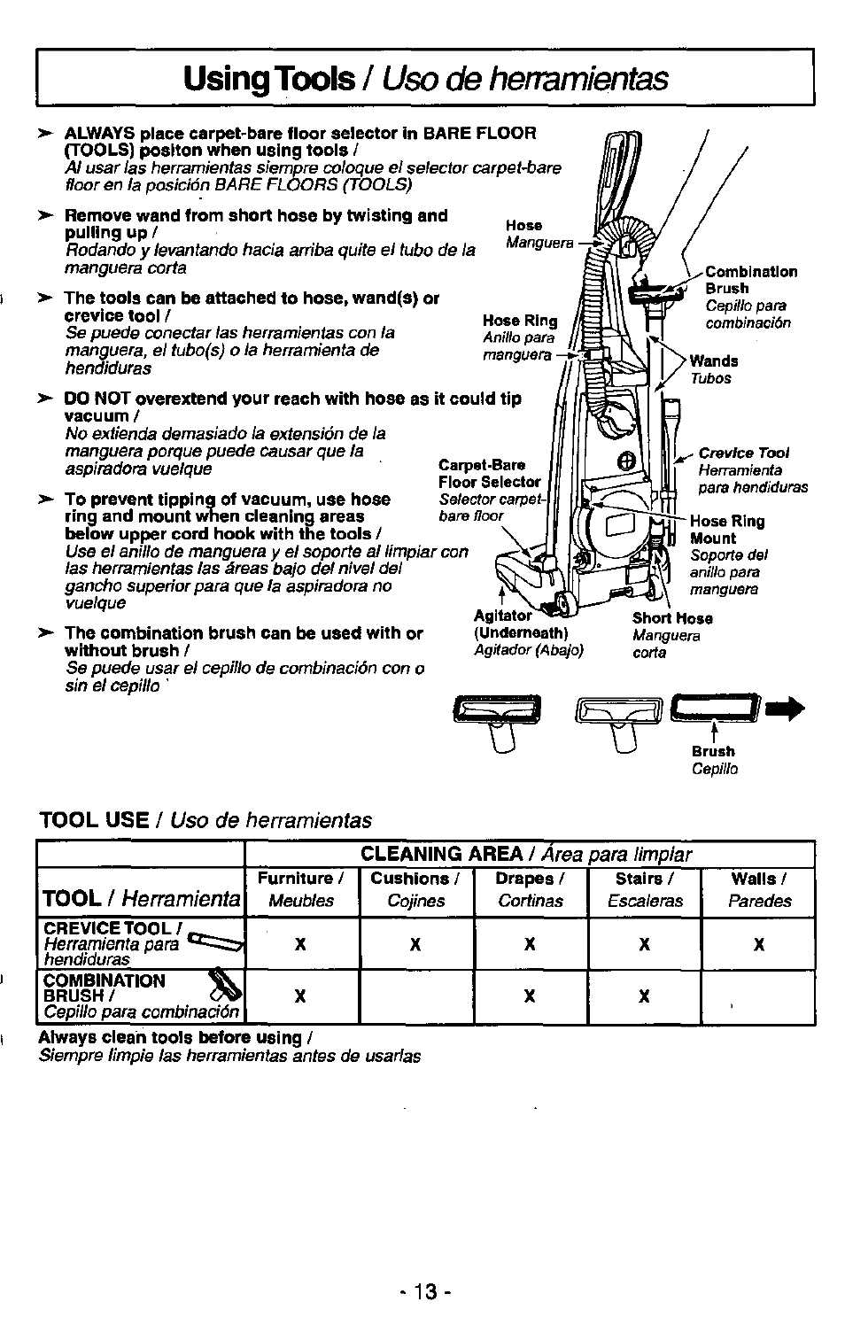Using tools / uso de herramientas, Using tools, Uso de herramientas | Herramienta, Tool use, Cleaning area, Tool | Panasonic MC-V7389 User Manual | Page 13 / 24