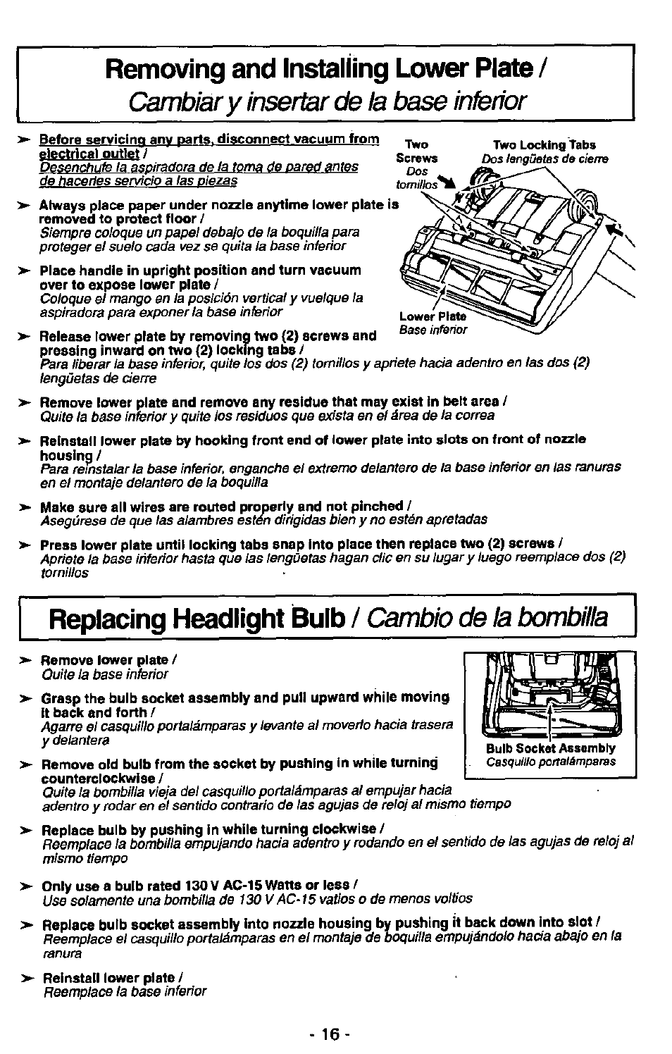 Removing and installing lower plate, Cambiar y insertar de la base inferior, Removed to protect floor | Replacing headlight bulb / cambio de la bombilla, Remove lower plate, Replacing headlight bulb, Cambio de la bombilla | Panasonic MC-V7389 User Manual | Page 16 / 24