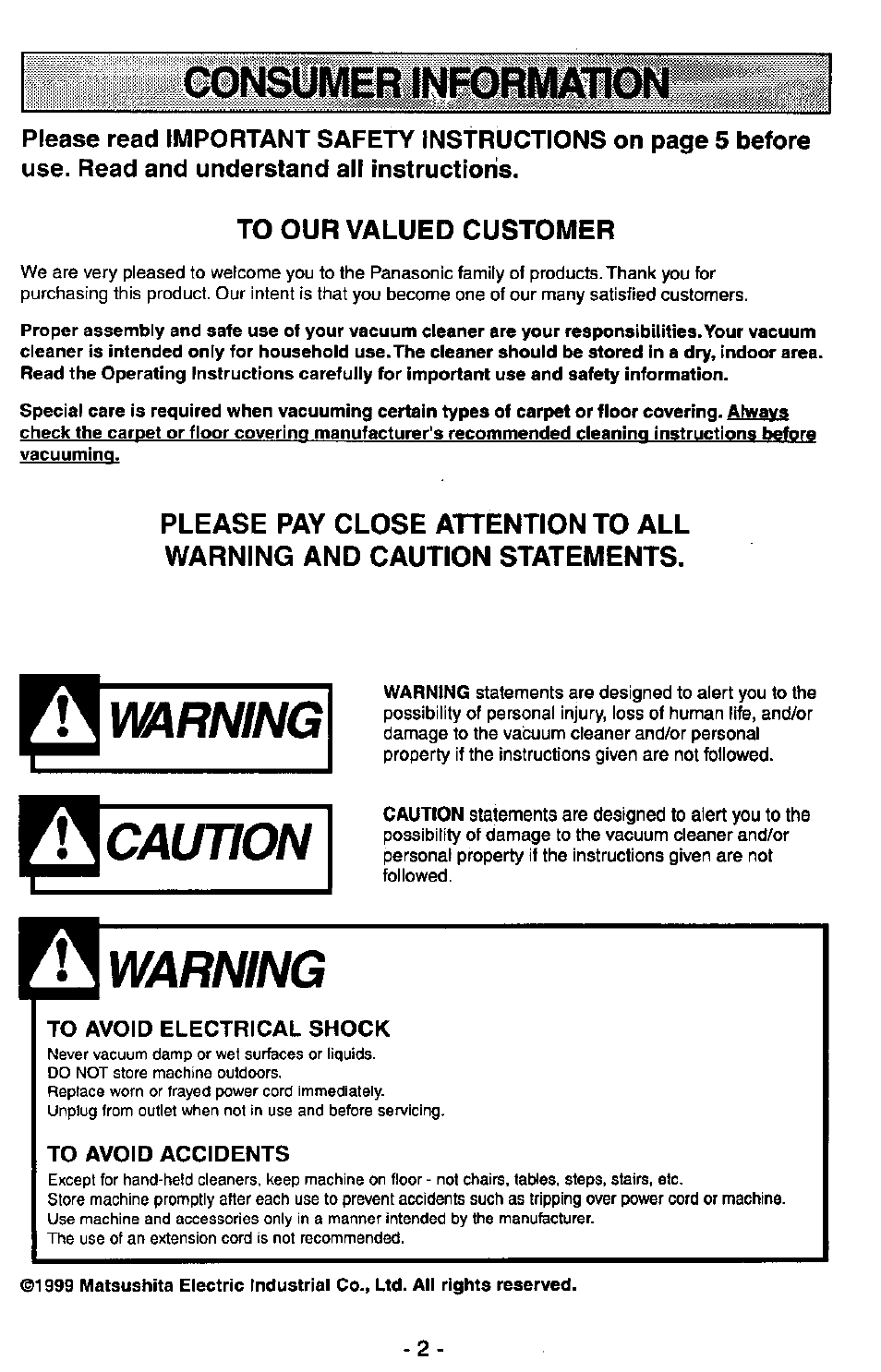 To our valued customer, Warning, Caution | To avoid electrical shock, To avoid accidents, Consumer informa | Panasonic MC-V7389 User Manual | Page 2 / 24