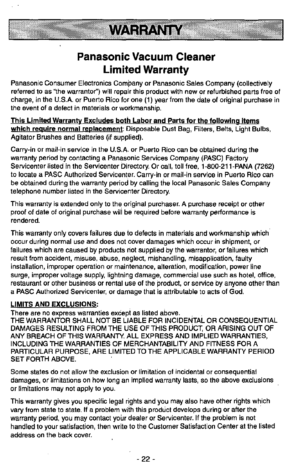 Panasonic vacuum cleaner limited warranty, Limits and exclustons | Panasonic MC-V7389 User Manual | Page 22 / 24